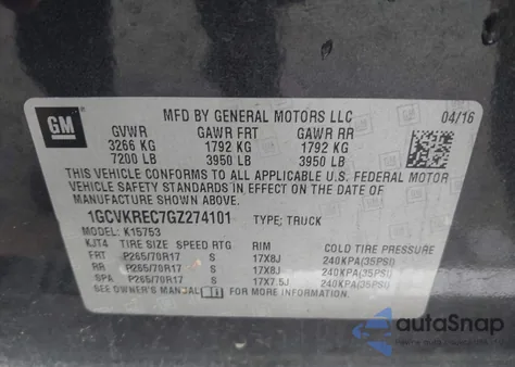 2016 Chevrolet Silverado K1500 Lt from USA, damaged, VIN 1GCVKREC7GZ274101